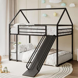 Tufons Twin-Over-Twin Low Bunk Bed with Convertible Slide, Full-Length Guardrail with Montessori Floor Bunk Bed Frame, Heavy Duty Metal Bed with House Shape and Roof for Boys Girls, Black Tufons