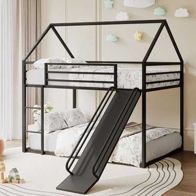 Tufons Twin-Over-Twin Low Bunk Bed with Convertible Slide, Full-Length Guardrail with Montessori Floor Bunk Bed Frame, Heavy Duty Metal Bed with House Shape and Roof for Boys Girls, Black