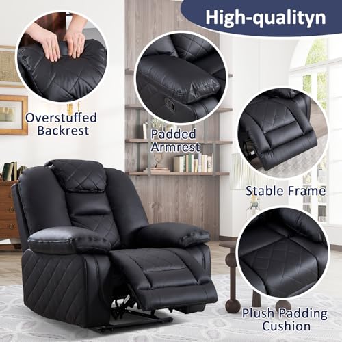 CANMOV Faux Leather Manual Recliner Chair, Single Sofa Chair with Comfortable Armrest and Backrest, Home Theater Seating for Living Room, Bedroom, Black