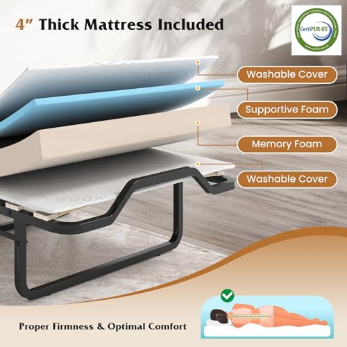 Giantex Murphy Bed Cabinet with Mattress Included, 74" x 31" Cot Size Fold Out Bed with Storage & Lockable Wheels, Metal Frame, 2 in 1 Roll Away Bed with Mattresses for Adults Guests Giantex