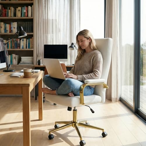 GXJ White and Gold Office Chair Memory Foam, White Leather Computer Desk Chairs with Wheels and Arms, High Back Executive Office Chair for Girl and Women GXJ