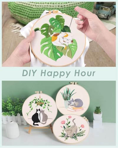ERKOON 4 Sets Embroidery Kit for Beginners,Hummingbird and Flower Cross Stitch Set for Include Embroidery Cloth Hoops Threads for Craft Lover Hand Stitch (Cat) ERKOON