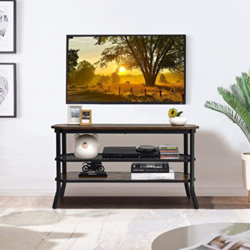 Tangkula TV Stand for TVs up to 46 Inch, 3-Tier Industrial Wooden Console Table with Mesh Grid Storage Shelf, Metal Frame, Rustic Entertainment Center for Living Room (Rustic Brown) Tangkula
