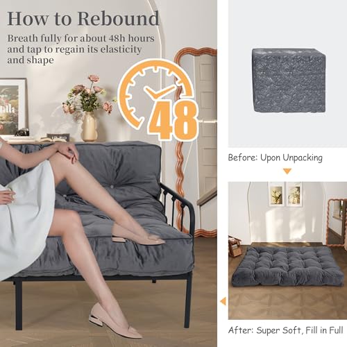 KOZIDO 8” Futon Mattress Full Size, Extra Thick Foldable Futon Sofa Bed Couch, Shredded Foam Filling Floor Mattress for Adults with No Assembly Needed, Frame Not Included - Dark Grey KOZIDO