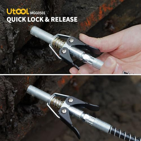 UTOOL Grease Gun, 8000 PSI Heavy Duty Pistol Grip Grease Gun Kit with 14 oz Capacity, 18 Inch Resin Flex Hose, 1 Patented Double Handle Coupler, 1 Basic Coupler UTOOL
