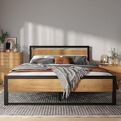 BONSOIR Queen Size Steel Platform Bed Frame with Wooden Headboard and Footboard - WoodArtSupply