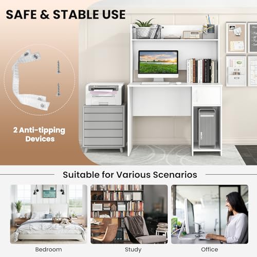 Tangkula Computer Desk with Hutch, Home Office Desk with Raised Display Shelf & 2 Open Shelves, Cabinet with Door, Cable Management Holes, Modern Laptop PC Desk, Study Writing Desk for Bedroom Tangkula