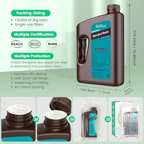 SUNLU 3D Printer Resin 3kg, Fast Curing Standard 3D Resin for Most Resin 3D Printers, 395 to 405nm UV Curing 3D Printing Liquid Photopolymer Resin, Low Shrinkage and High Precision, 3000g, Dark Grey SUNLU