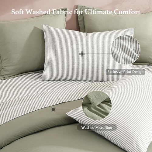 Monbix Queen Comforter Set - 7 Pieces Green Prewashed Bed in a Bag Queen Bedding Sets with Comforters, All Seasons Ultra Soft Comforter Bed Set with Sheets,Pillowcases & Shams Monbix