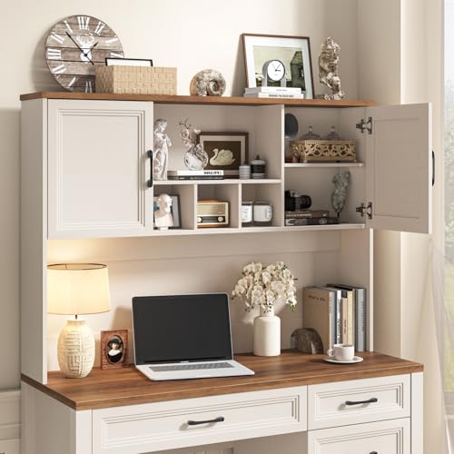 Vabches Farmhouse Executive Desk with 4 Drawers and Storage Cabinet, Rustic Large Home Writing Desk with Hutch, Workstation for Bedroom, White Vabches