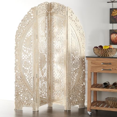 Deco 79 Wood Floral Handmade Foldable Arched Partition 4 Panel Privacy Screen with Intricately Carved Designs, Room Divider 60" x 2" x 72", White Deco 79