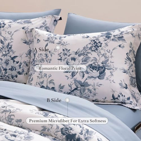BLOOMHAVEN Queen Comforter Set -7 Pieces Floral Blue Comforter Set for All Seasons, Bed in a Bag Queen with Botanical Flowers Comforter, Sheets, Pillowcases & Shams BLOOMHAVEN