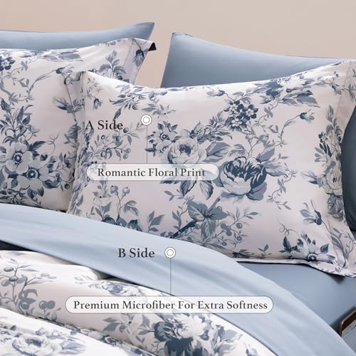 BLOOMHAVEN Queen Comforter Set -7 Pieces Floral Blue Comforter Set for All Seasons, Bed in a Bag Queen with Botanical Flowers Comforter, Sheets, Pillowcases & Shams BLOOMHAVEN