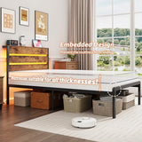 TIGUBFRE Twin Bed Frames with Storage Headboard & Charging Station, Platform Bed Frame Twin Size with LED Lights, Metal Slats, Noise Free, No Box Spring Needed, Rustic Brown TIGUBFRE