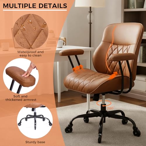 BEWISHOME Home Office Chair, Brown Office Chairs with Wheels, Leather Office Chair, Ergonomic Office Chairs with Lumbar Support, Mid Century Modern Executive Computer Chair BBY01Z BEWISHOME