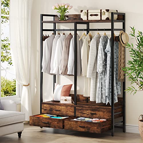 Tribesigns Freestanding Closet Organizer for Hanging Clothes, Heavy Duty Garment Rack with 4 Drawers, 8 Hooks and Storage Shelves, Wardrobe Closet Clothing Rack for Bedroom, Living Room, Rust - WoodArtSupply