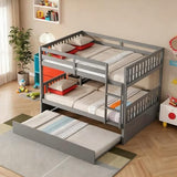 PVWIIK Full Over Full Bunk Bed with Twin Trundle, 3-in-1 Solid Rubberwood Loft Bed Converts to 2 Full Beds, Includes Ladder & Guardrails, Grey PVWIIK