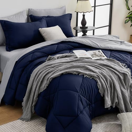HEVUMYI Full Comforter Set - 7-Piece All Season Bed in a Bag Full, Ultra Soft Bedding Set with Comforter, Flat Sheet, Fitted Sheet, Pillowcases, Pillow Shams, Navy Blue & Light Grey HEVUMYI