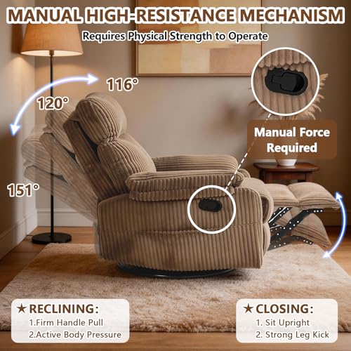 Manual Small Recliner Rocking Chair for Nursery/Relaxation, Corduroy Swivel Glider Recliner for Living Room Bedroom, Brown Rocking Chair Nursery Recliners for Small Spaces, Side Pockets (Brown)