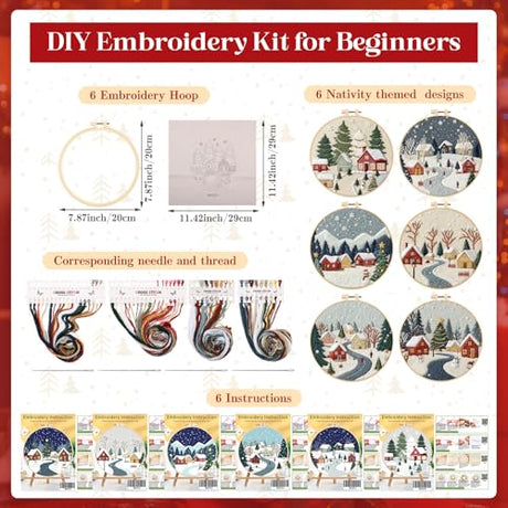 Peryiter 6 Sets Christmas Embroidery Kit for Beginners Including 6 Pcs Embroidery Hoop Winter Scene Snow Cross DIY Needlepoint Kit Instructions Threads Needles for Christmas Holiday Party Gift Peryiter