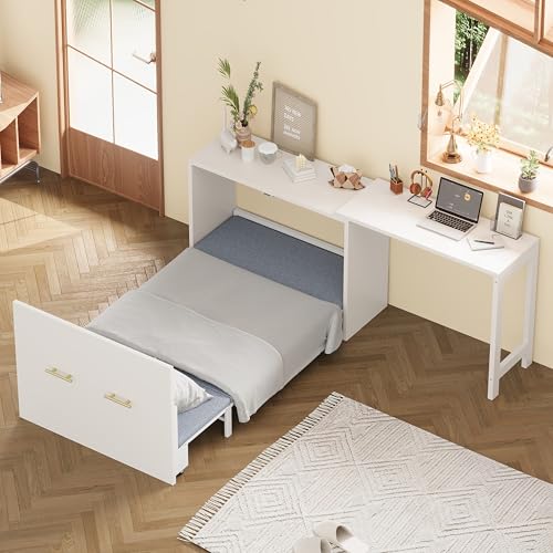 Ball & Cast Murphy Bed Twin Size Hideaway Bed with Adjustable Position Desk,Wall Chest Dresser Murphy Bed w/Foldable Cushion,can be Folded,Slat Support,No Box Spring Needed,for Apartment,White Ball & Cast
