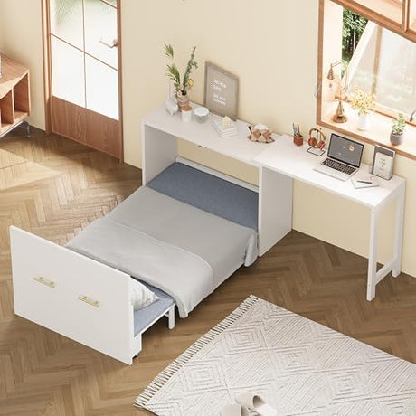 Ball & Cast Murphy Bed Twin Size Hideaway Bed with Adjustable Position Desk,Wall Chest Dresser Murphy Bed w/Foldable Cushion,can be Folded,Slat Support,No Box Spring Needed,for Apartment,White Ball & Cast