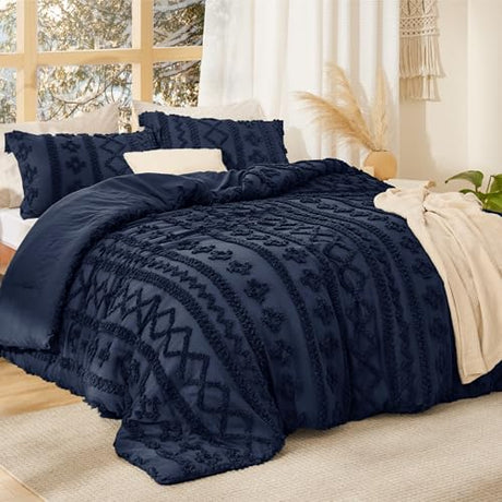 Bedsure Tufted Boho Comforter Set King Size - Navy Boho Bed Set, GentleSoft™ 3 Pieces Farmhouse Shabby Chic Embroidery Bedding, Gifts for Woman, Soft Jacquard King Comforter for All Seasons Bedsure
