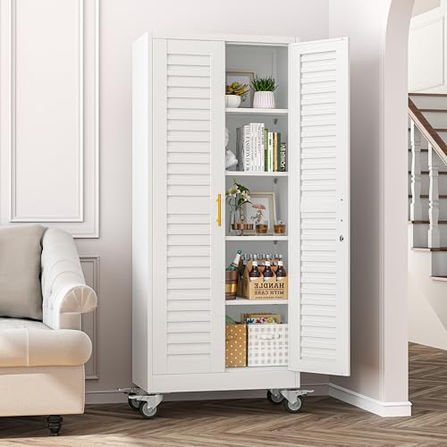 Tokawa 71’’H Metal Garage Storage Cabinet with Wheels, Metal Storage Cabinet with Louvered Doors, Rolling Tool Cabinet with Adjustable Shelves, Large Utility Cabinet for Office,Garage,Kitchen（White） Tokawa
