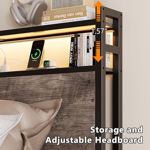 VINGLI Twin Platform Set of 2 with 4 Storage Drawers and Headboard Shelf, Metal Single Bed Frame with LED Lights and Charging Station, No Box Spring Needed, Easy Assembly, Wash Grey VINGLI