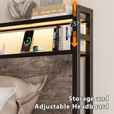 VINGLI Twin Platform Set of 2 with 4 Storage Drawers and Headboard Shelf, Metal Single Bed Frame with LED Lights and Charging Station, No Box Spring Needed, Easy Assembly, Wash Grey VINGLI