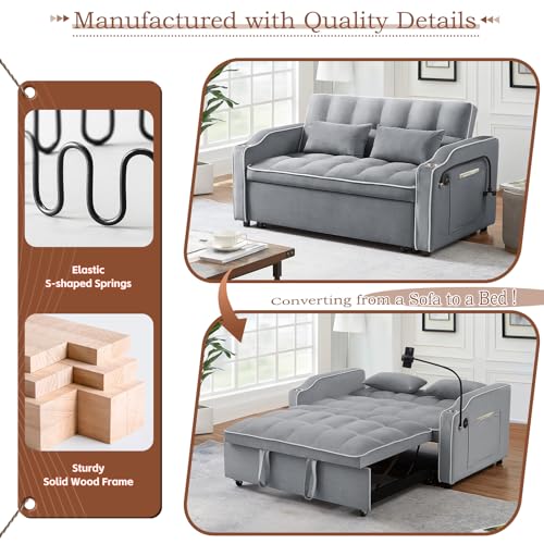 Pull Out Sofa Bed with Phone Holder, Convertible Velvet Loveseat Sleeper with 2 USB Charging Ports, Modern Futon Couch with Cup Holders and Adjustable Backrest, Love Seat for Living Room, Light Grey