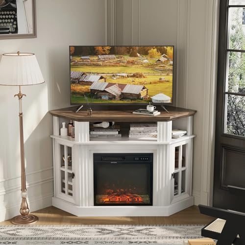 Flamaker Fireplace Corner TV Stand for TVs up to 55 Inch, Entertainment Center with 18" Fireplace, TV Console Table with Glass Door Storage Cabinet and Open Shelf (White) Flamaker