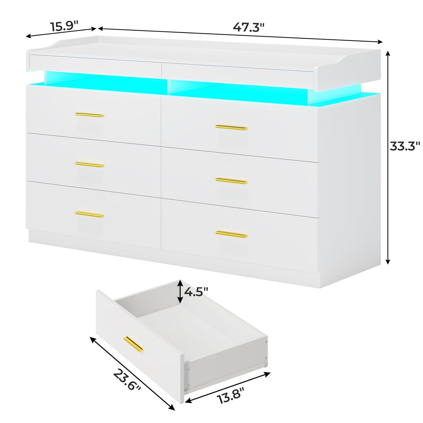 BTHFST LED Dresser for Bedroom Wood, 6 Drawer Dresser with 2 Pull-Out Trays, Chest of Drawers for Bedroom, Modern Wide Dresser for Living Room, Entryway, White - WoodArtSupply