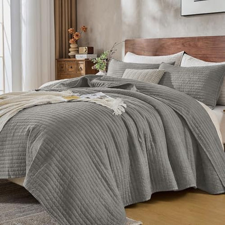 DOWN HOME Twin Quilt Bedding Set with Sham, Vintage Washed Soft Quilted Blanket Thin Comforter Lightweight Bedspread Coverlet Bed Cover, Brushed Microfiber Stripe Stitching, Ash Gray, 66"x92" DOWN HOME
