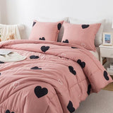 Caressma Love Pattern Girls Pink Comforter Set Twin Size, Cameo Brown Cute Love Heart Print Sexy Comforter Bedding Set for All Seasons, Geometric Soft Microfiber Comforter Set with Pillowcase Caressma