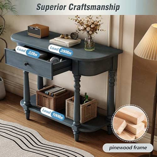MTHOUSE 36" Narrow Console Table with Curved Corner | Retro Entryway Table with Top Drawer and Open Shelf | Sofa Table Console for Entryway, Hallway & Living Room (Navy) MTHOUSE
