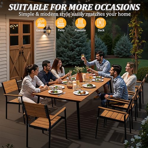VredHom 95" Patio Outdoor Dining Table for 8-10, Weather-Resistant Wood-Grain Top with Aluminum Frame & Umbrella Hole for Deck Gatherings, Brown VredHom