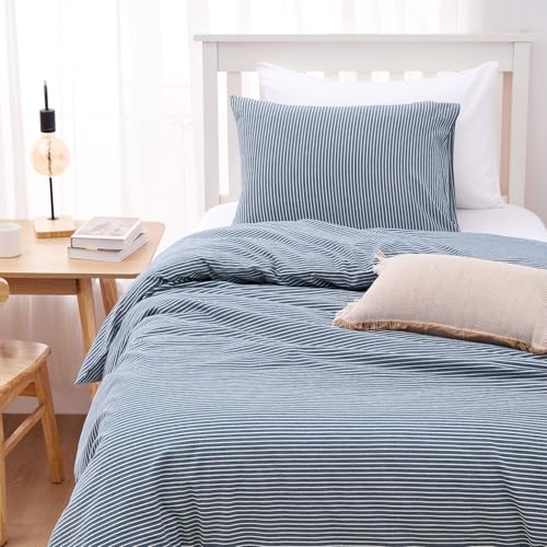 Wake In Cloud - Striped Cotton Duvet Cover Set, 100% Washed Cotton Textured Percale Bedding Set, Ticking Stripe Pinstripe Farmhouse, 3 Pieces, Denim Blue, Twin Size Wake In Cloud