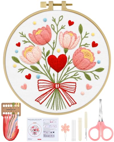 ERKOON Embroidery Kit for Beginners Adult, Flower Cross Stitch Set Include Embroidery Cloth Hoops Threads for Craft Lover Hand Stitch with Embroidery Skill Techniques (Bouquet)