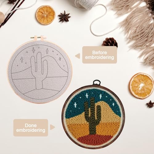 PYHIRRY Punch Needle Kits Adults Beginner Cactus，with Tool, Hoop, Yarn, Fabric & Video Tutorials -Complete Punch Needle kit for Home Decor Craft for Wall Art & Gifts