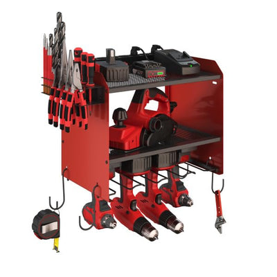 Stalwart Power Tool Organizer Wall Mount with Charging Station - 4 Drill Holder with 8 Outlet Power Strip - Garage Organizer Tool Storage Rack