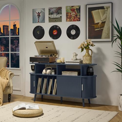 LELELINKY Extra Large Round Record Player Stand with Charging Station & Fluted Panel, Mid Century Modern Turntable Cabinet with Vinyl Storage, Arched Wood Record Player Table for Living Room,Blue LELELINKY