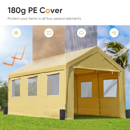 ADVANCE OUTDOOR 10x20 ft Adjustable Height Carport with Removable Window Sidewalls and Doors, Heavy Duty Car Canopy Garage Party Tent Boat Shelter with Reinforced Poles, Beige ADVANCE OUTDOOR