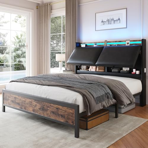 Queen Size Bed Frame with Adjustable Backrest Hidden Storage Headboard, PU Leather Upholstered Queen Bed Frame with Charging Station and LED Lights, Heavy Duty, No Box Spring Needed, Black&Brown Jocoevol