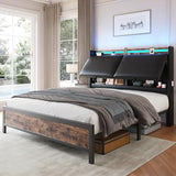 Queen Size Bed Frame with Adjustable Backrest Hidden Storage Headboard, PU Leather Upholstered Queen Bed Frame with Charging Station and LED Lights, Heavy Duty, No Box Spring Needed, Black&Brown Jocoevol