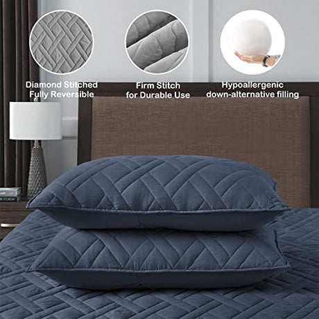 HORIMOTE HOME Quilt Set King Size Navy Blue, Classic Geometric Diamond Stitched Pattern, Ultra Soft Lightweight Bedspread Coverlet for All Season 3 Pieces(1 Quilt and 2 Pillow Shams) HORIMOTE HOME