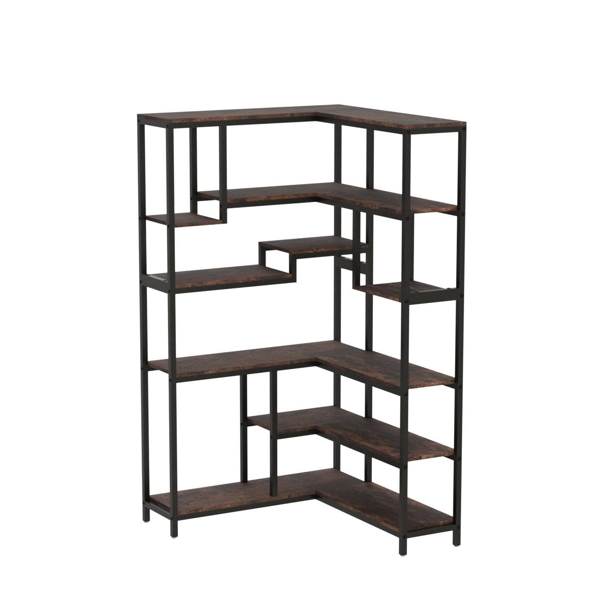 Tribesigns Rustic Brown 6-Tier Corner Bookshelf with Metal Frame - WoodArtSupply