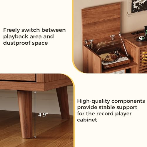IRONCK Mid Century Modern Record Player Stand, Holds 1000+ Vinyl Records with 2 Drawers, Large Turntable Stand with Charging Station & LED Light, Suitable for Living Room & Entertainment Room, Brown IRONCK