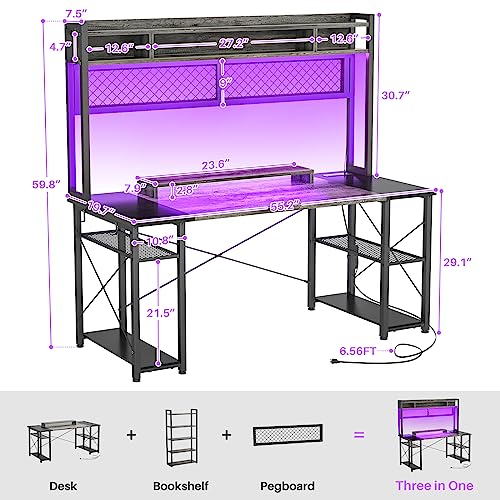 Armocity 2024 Premium Gaming Desk with Hutch and LED - 55.2'' Grey/Black Workstation with Charging Station and Pegboard - WoodArtSupply