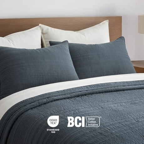 EVERGRACEHOME 100% Cotton Modern Lines Quilt Set King Size, Pre-Washed Soft Striped Coverlet Bedspread, 3 Piece Lightweight Bedding Set for All Season, with 2 Pillow Shams, Midnight Blue EVERGRACEHOME